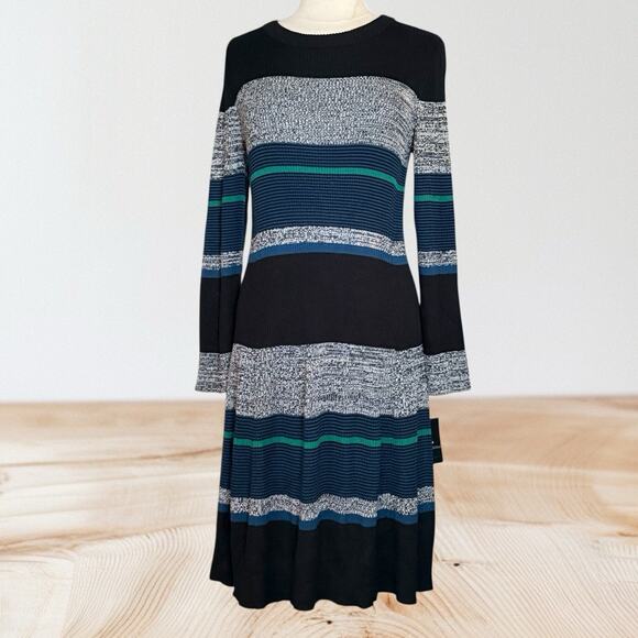 Ronni Nicole Sweater Midi Dress NEW Sz XL Black Gray Teal Stripe Ribbed Knit - Picture 1 of 10